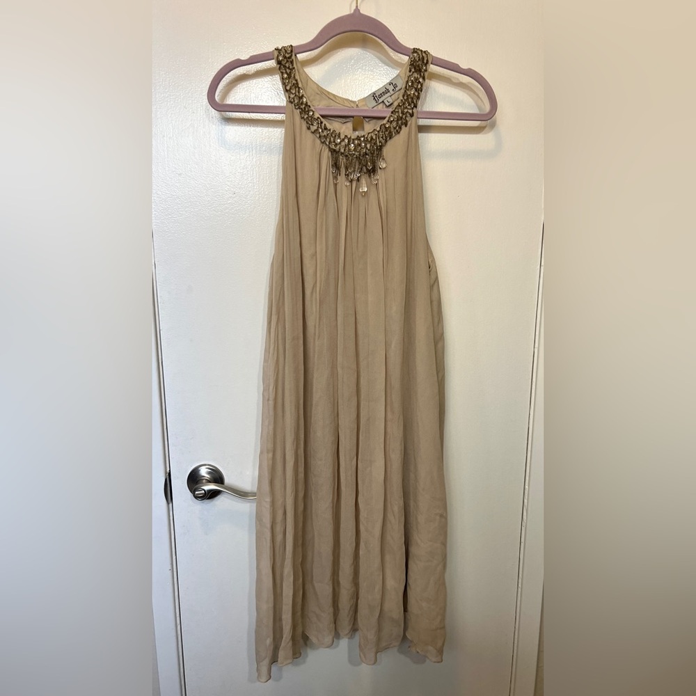 Boho crystal Chiffon Hannah Cream Sleeveless Dress with Gold Accents Resort